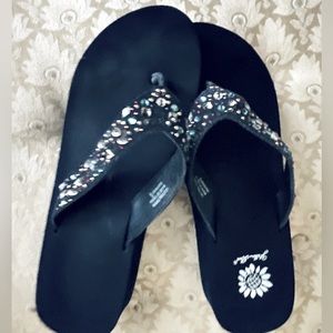 YELLOW BOX blue flip-flops with straps covered in bling.